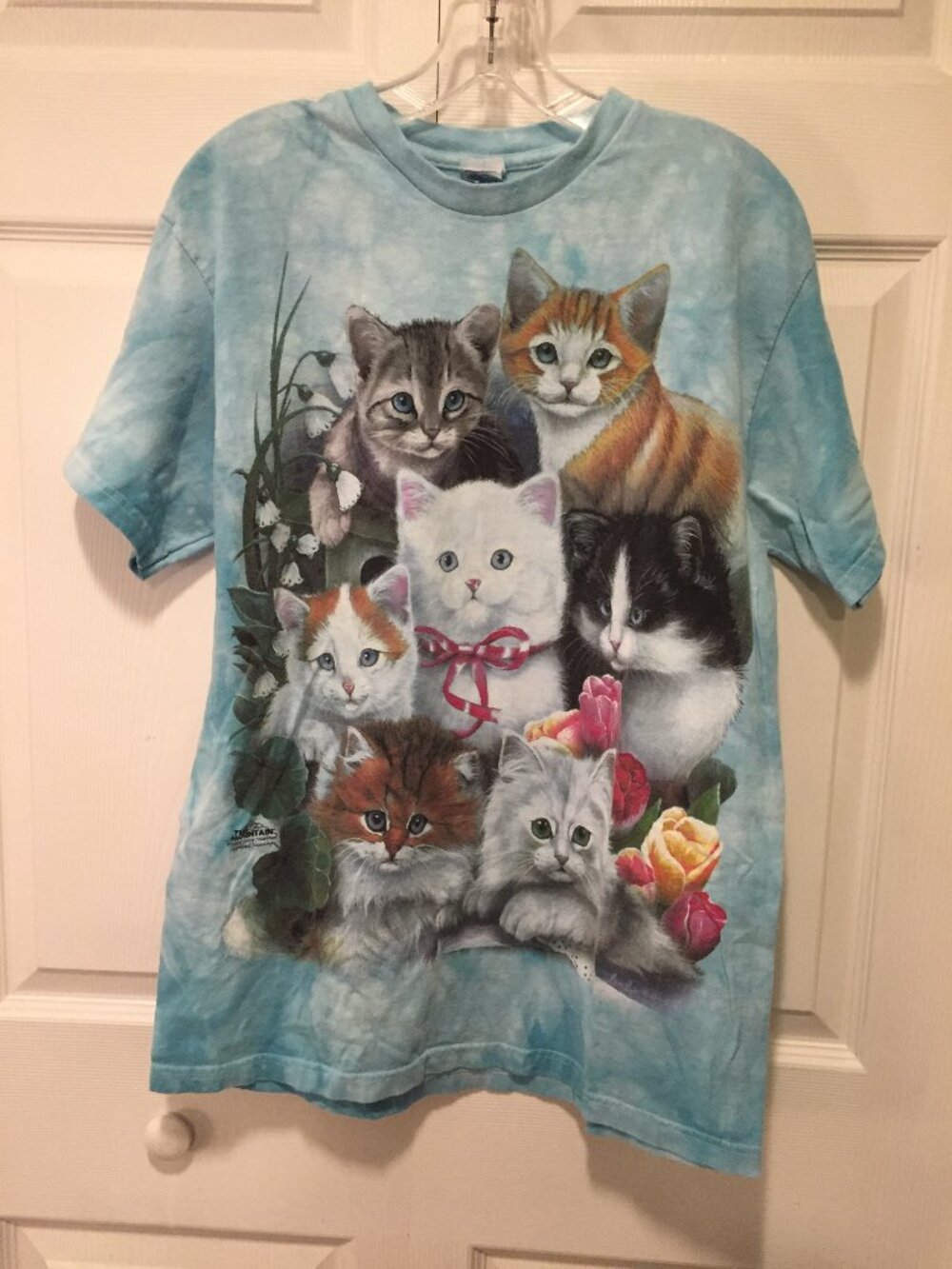 VTG The Mountain Cat Print T-Shirt Blue Tie Dye Graphic Large L Jenny Newland  N